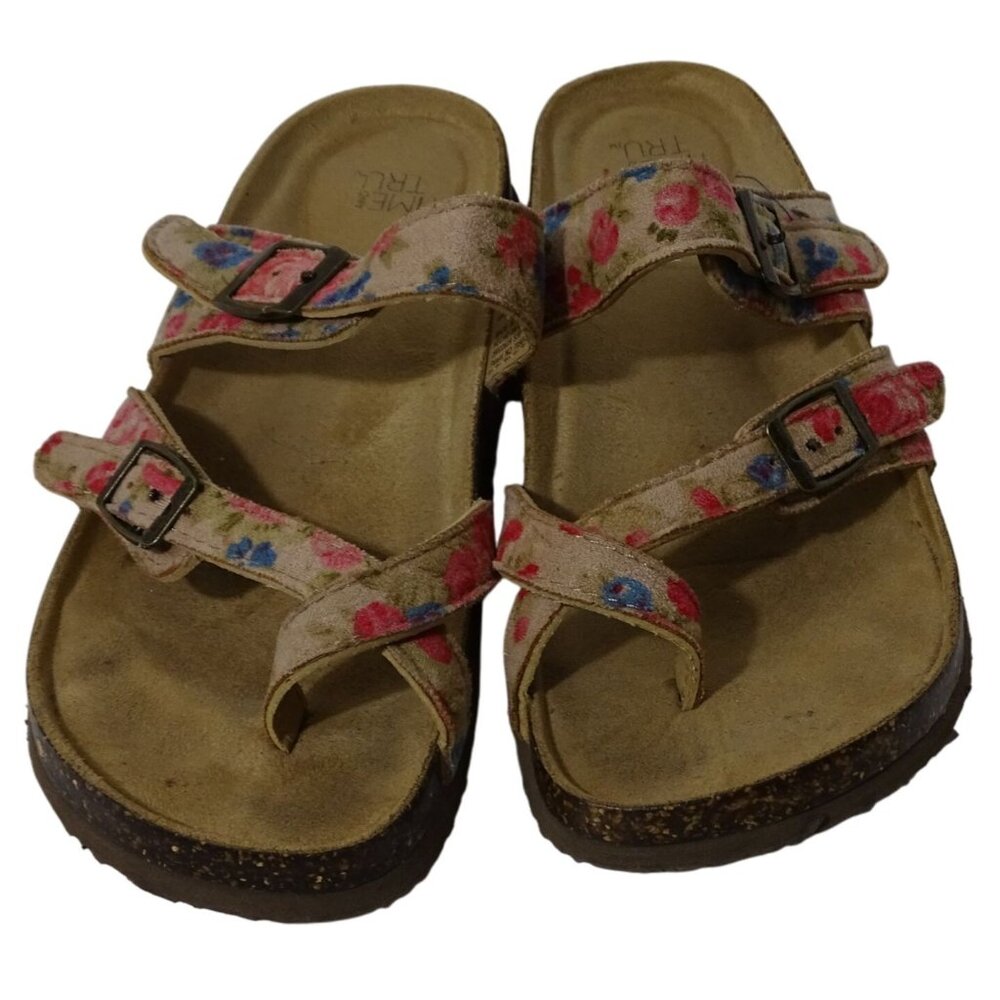 Time And Tru Floral Print Sandals Women Size 6 Slip On Faux Suede FLAW